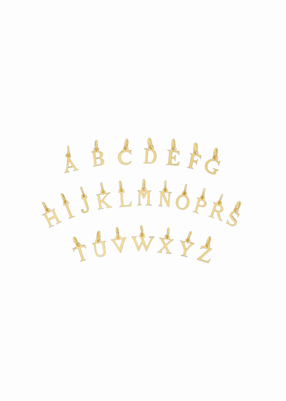 Gold metal alphabet letter charms arranged in three rows on a plain white background.